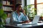 Young biracial man wears glasses, looks thoughtfully away from laptop. He sits at desk in modern office with bookshelves and plants. Bearded guy contemplates future decisions.