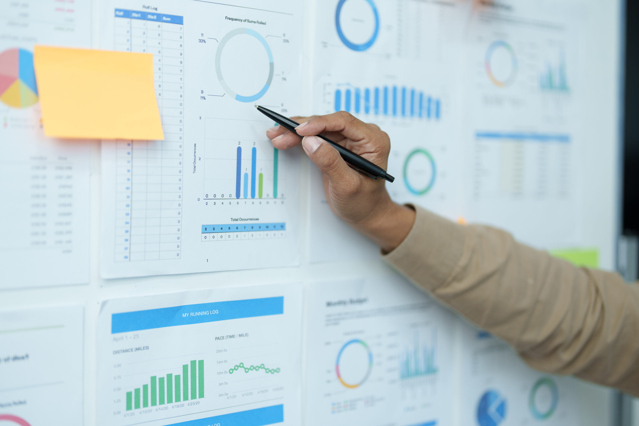 Wall covered in business charts and data illustrating the complex challenges small and medium-sized businesses face