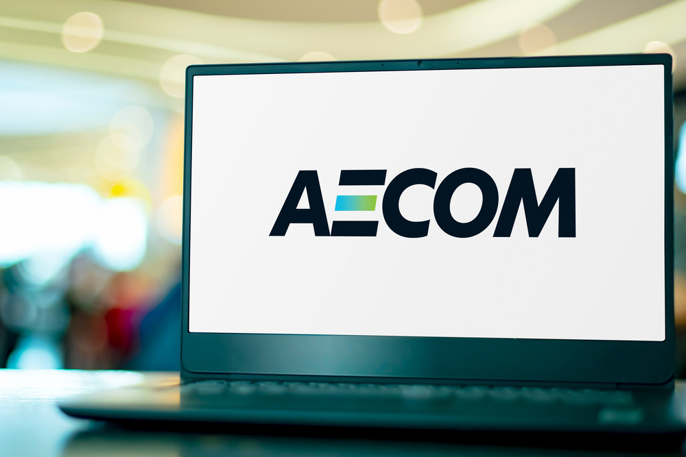 Laptop computer displaying logo of AECOM