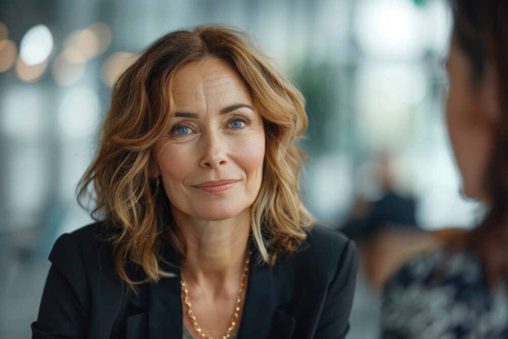 Mid-career professional reflecting in a modern workplace, representing midlife wellbeing and organisational change