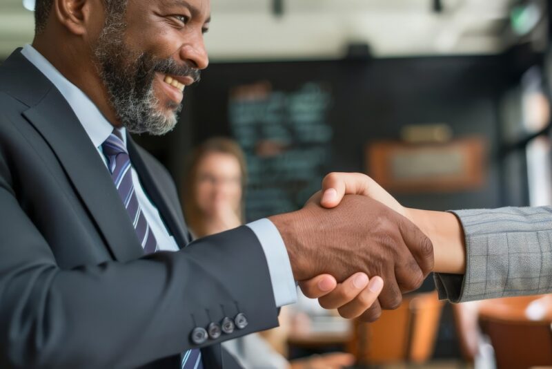 Two colleagues smiling and shaking hands, symbolising employees thriving after receiving workplace wellbeing support.