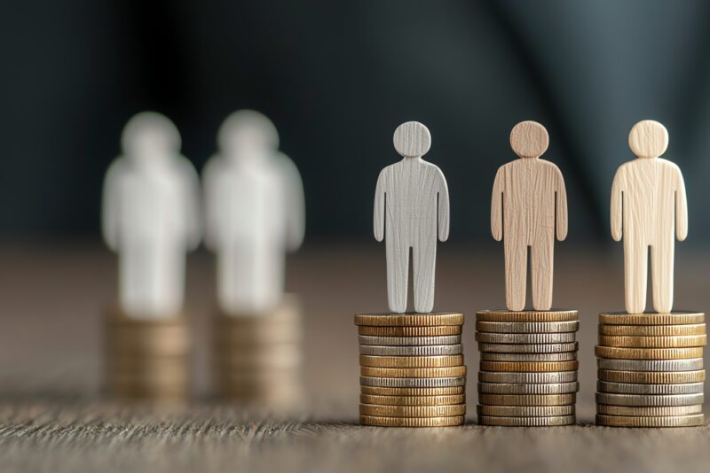 Cardboard cut-out figures standing on equal-height stacks of coins, symbolising financial inclusion and fair access to workplace savings and financial wellbeing opportunities.