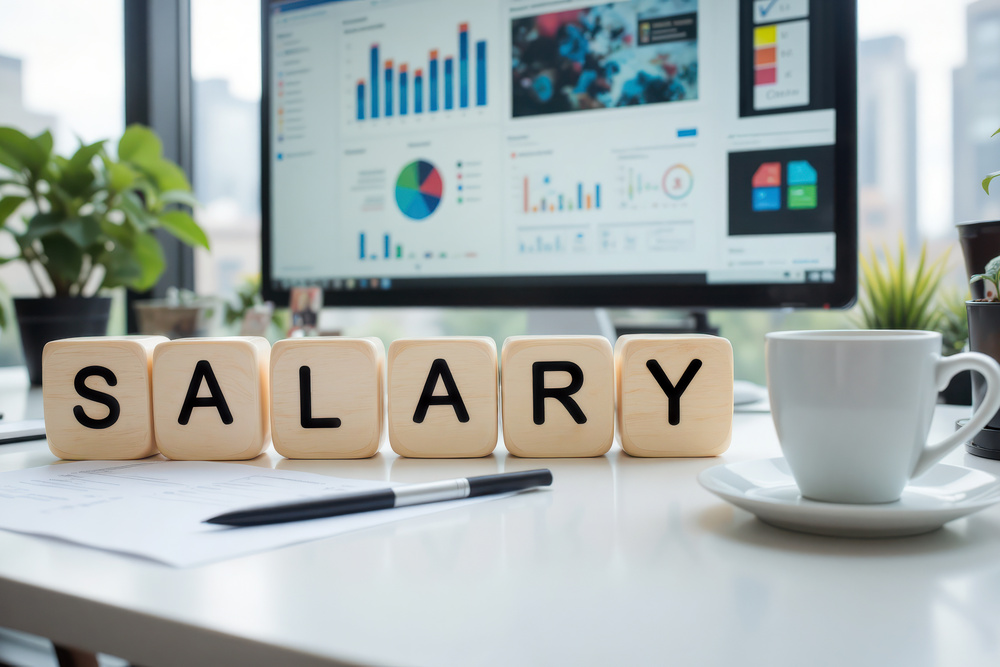 Wooden blocks spelling “salary” placed in front of rising workplace graphs, symbolising salary benchmarking and pay transparency in an emerging profession