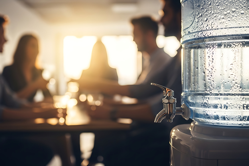 Colleagues chatting by an office water cooler, illustrating workplace hydration and informal wellbeing moments at work