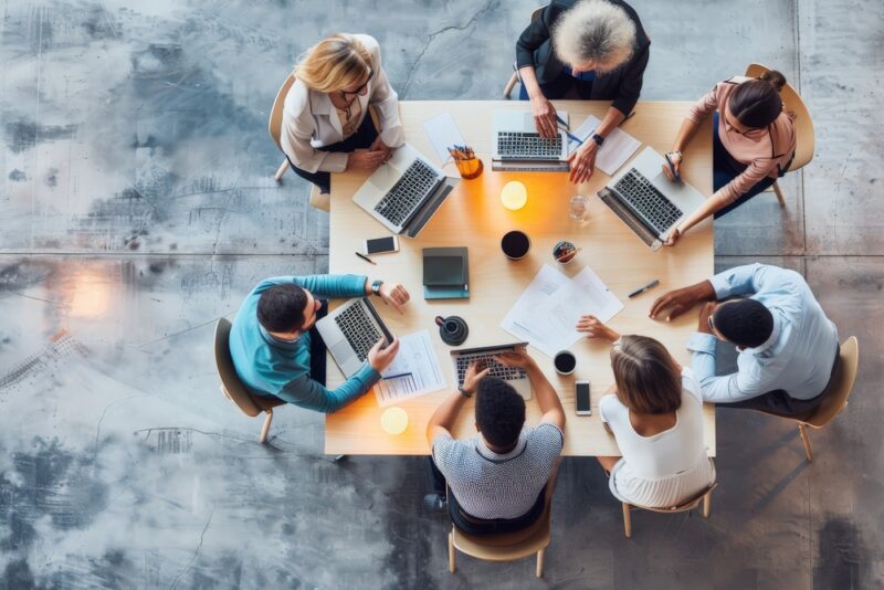 Diverse group of colleagues in a workplace discussion, representing collaboration on employee benefits, flexible working and workplace wellbeing strategies