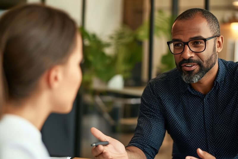 Manager and employee in conversation in an office setting, representing workplace discussions around neurodiversity support and reasonable adjustments