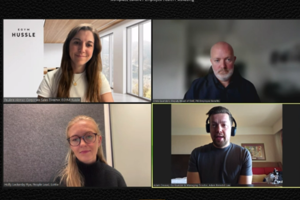 Screenshot of Make A Difference webinar panel discussing SME employee wellbeing strategies with multiple speakers on screen