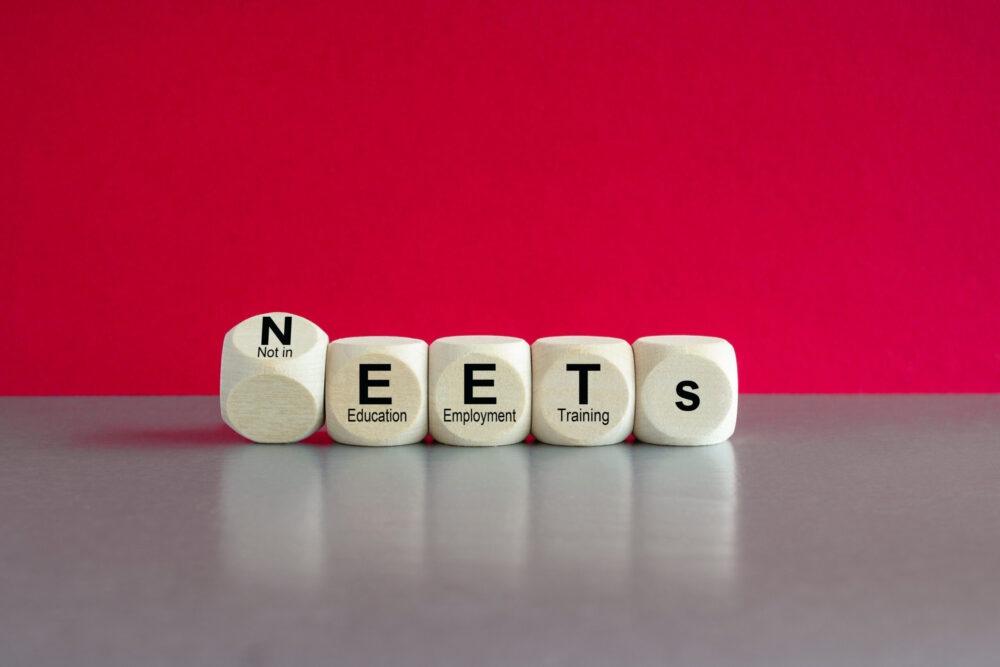 Cubes form the expression NEETs Not in Education, Employment, or Training. Symbol for people who are currently not in Education, Employment, or Training. Beautiful grey table red background. Business concept. Copy space.