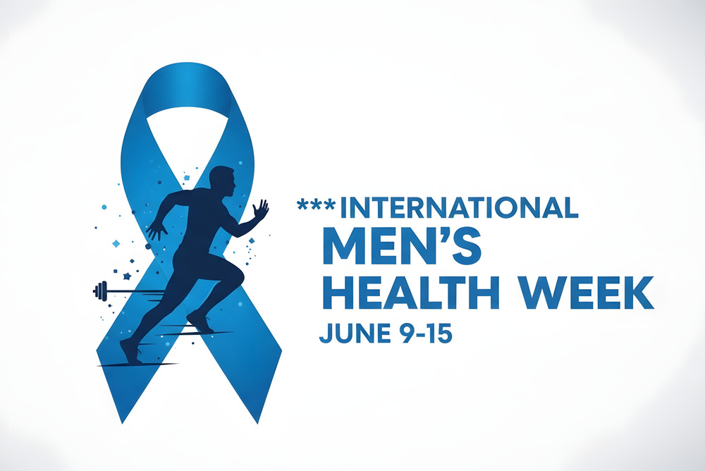 Graphic showing International Men’s Health Week dates (9th - 15th June 1996) with a blue awareness ribbon and silhouette of a man running, symbolising fitness, prevention and men’s wellbeing.