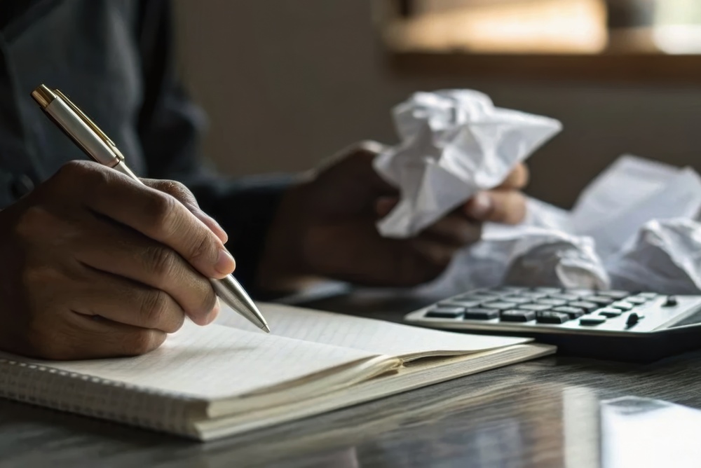 Professional in office attire using a calculator and making notes at a desk surrounded by crumpled paper, illustrating financial stress at work and its impact on productivity