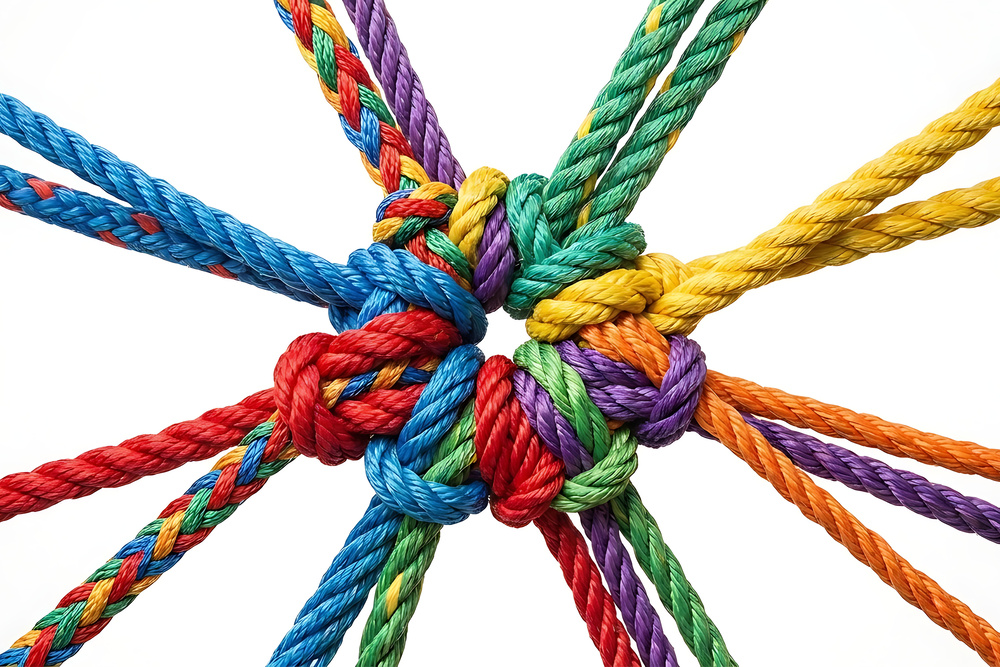 Multicoloured ropes knotted together at the centre, symbolising corporate cohesion, unity, and collaboration in navigating identity politics in the workplace.