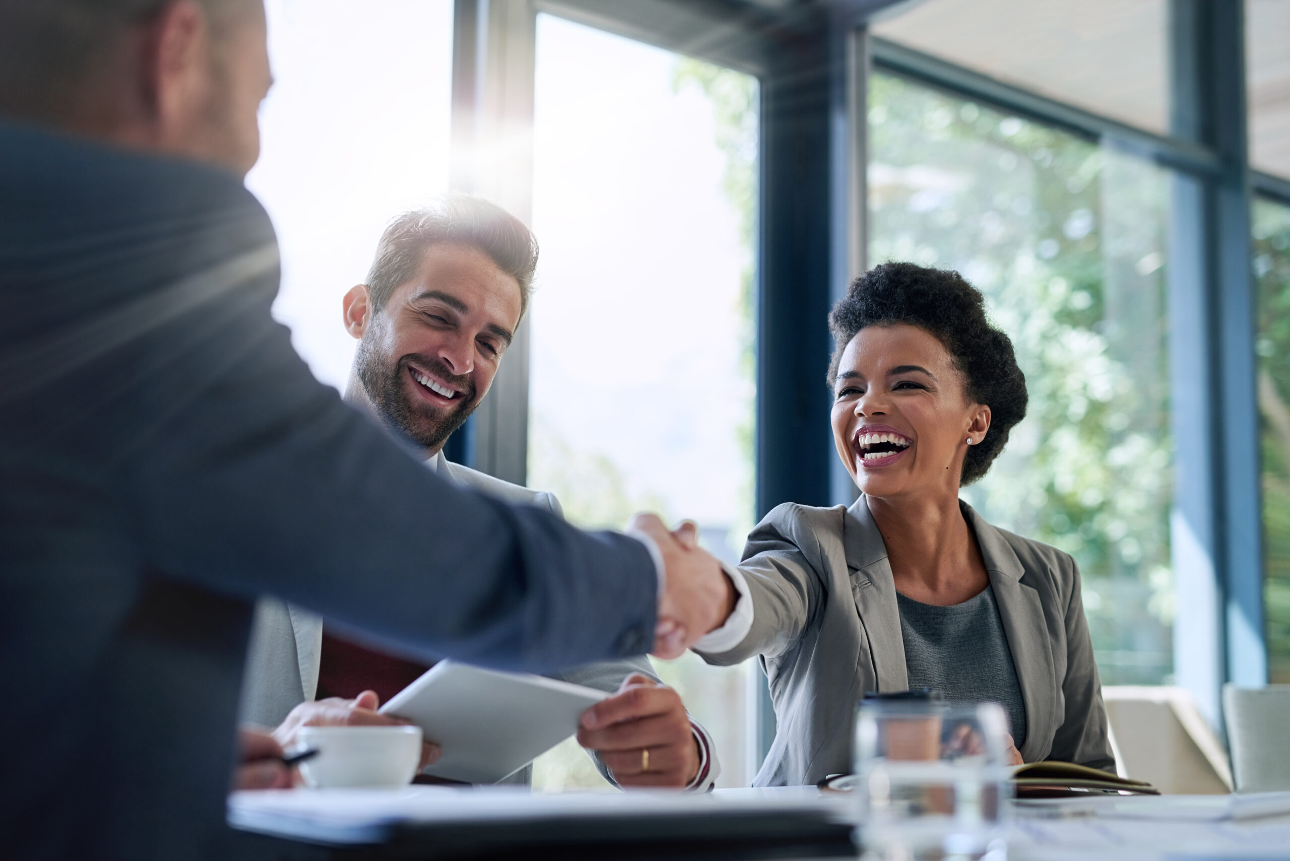 Diverse business professionals shaking hands to agree the purchase of digital workplace wellbeing and HR technology solutions, representing prevention, AI and personalised employee support