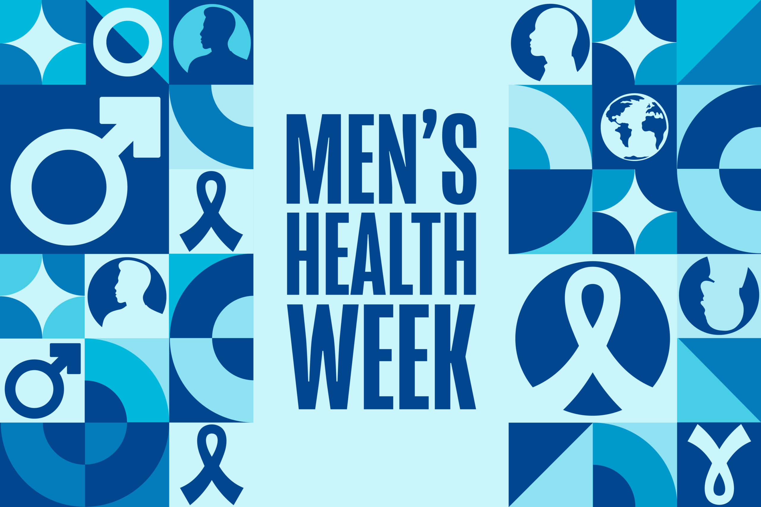 Abstract blue-toned graphic with “Men’s Health Week” text, featuring shapes symbolising fitness, prevention and men’s wellbeing.