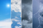 A collage showing different weather conditions: bright sun, fluffy clouds, overcast skies, and a lightning storm.