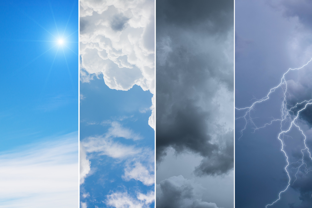 A collage showing different weather conditions: bright sun, fluffy clouds, overcast skies, and a lightning storm.