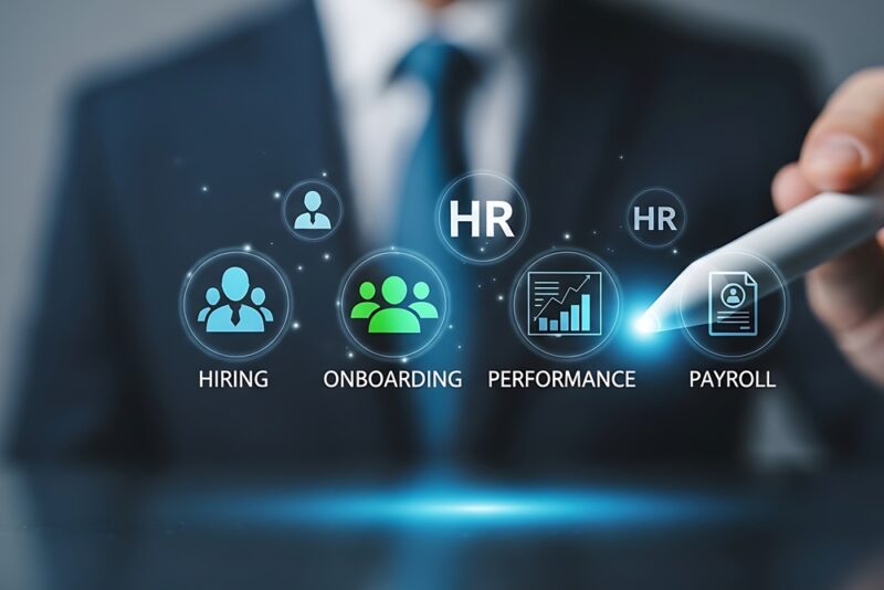Professional man standing in front of icons representing recruitment, development, wellbeing, leadership, performance and employee engagement, illustrating the different stages of the employee journey that shape workplace culture.
