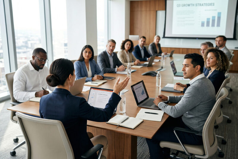Executive leadership team reviewing business performance data during a board meeting