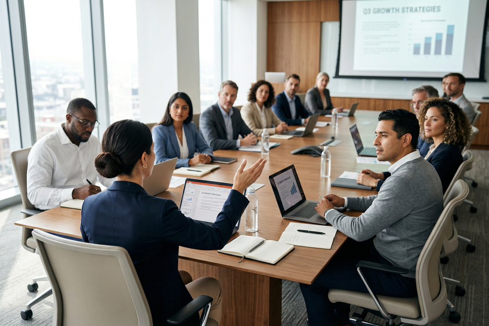 Executive leadership team reviewing business performance data during a board meeting