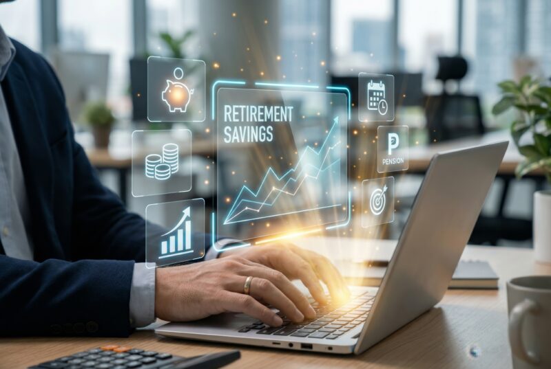 Employee reviewing retirement savings and pension plans online using graphs and digital planning tools.
