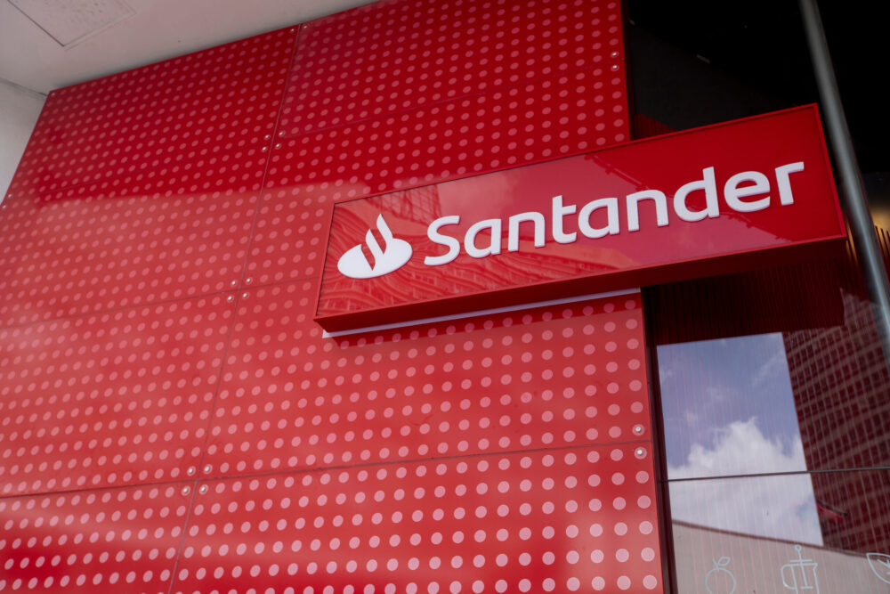 Sao Paulo, Brazil - december 29 2019 - Logo of Santander, a Spanish multinational commercial bank and financial services company founded in 1857