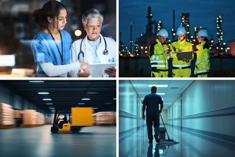 Shift and night workers in healthcare, logistics and manufacturing workplaces, representing the challenges and opportunities of supporting a 24/7 workforce.