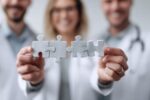 Three healthcare professionals holding interlocking jigsaw pieces together, representing an integrated workforce health strategy and joined-up employee wellbeing support.