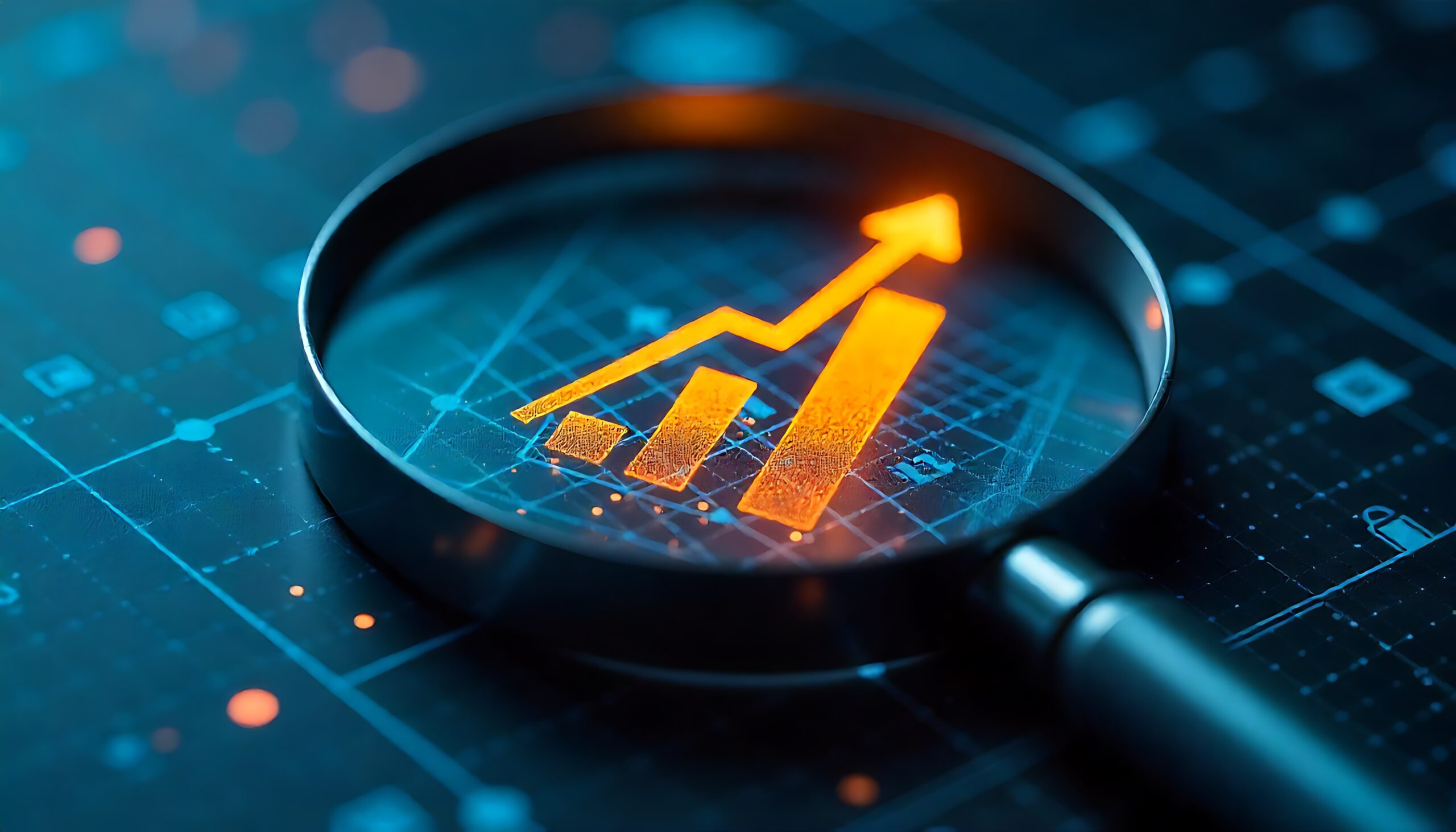 Magnifying glass highlighting an upward-trending business graph, representing emerging workplace wellbeing trends, innovation and organisational performance insights.