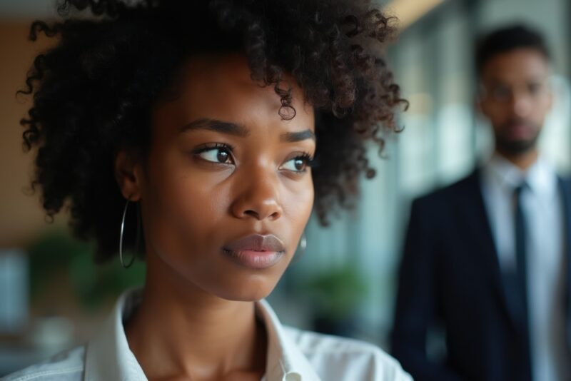 Woman looking concerned with a customer standing in the background