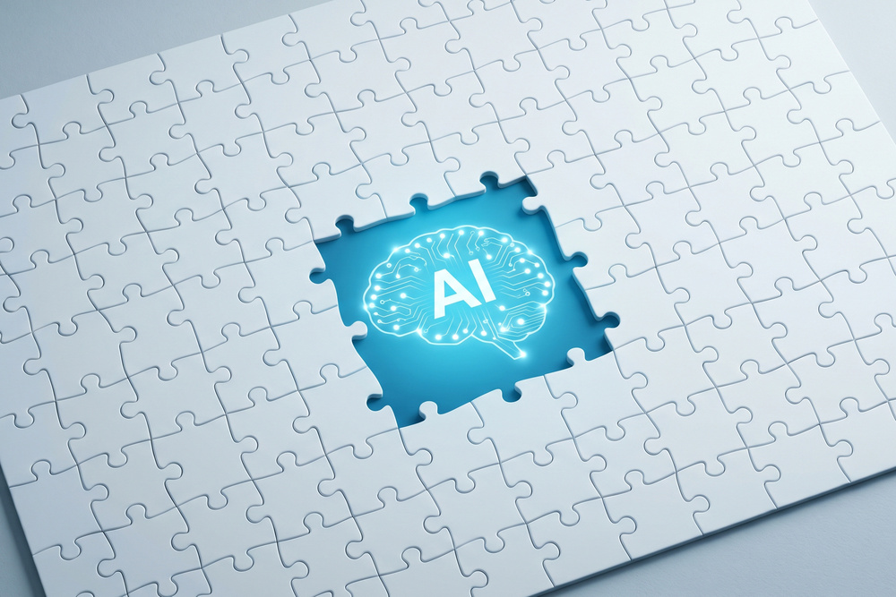 Puzzle with a missing centre piece revealing a human brain marked with the letters “AI”, symbolising the role of brain health in an AI strategy.