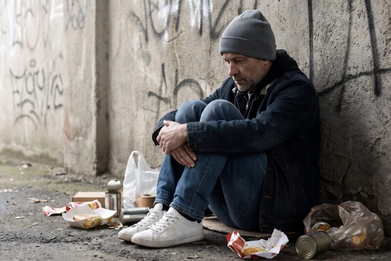 Homeless man sitting in a rubbish-strewn tunnel