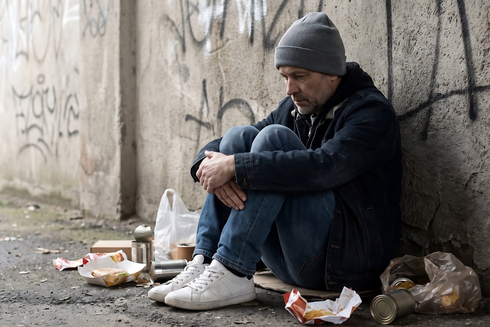 Homeless man sitting in a rubbish-strewn tunnel