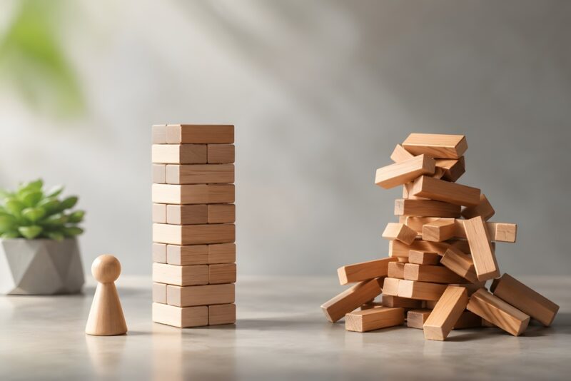 Wooden figure standing beside one intact wooden block tower and one collapsed tower.
