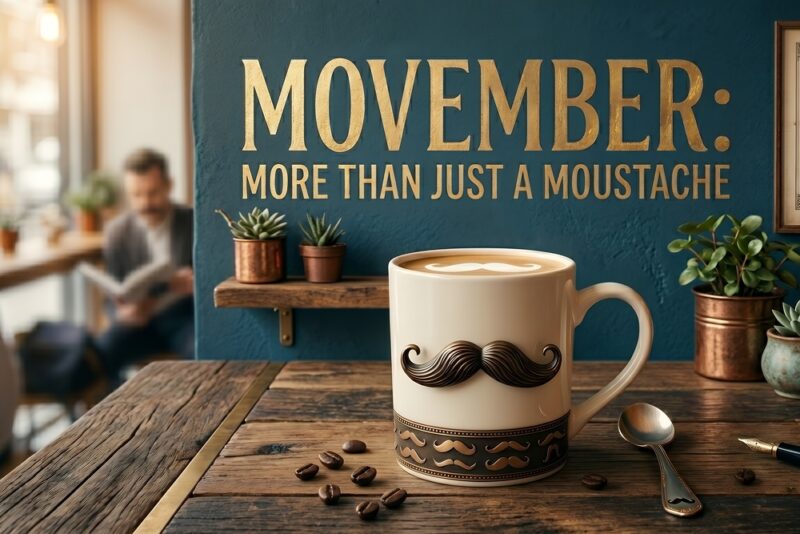 Movember sign reading “more than just a moustache” behind a decorative moustache mug.