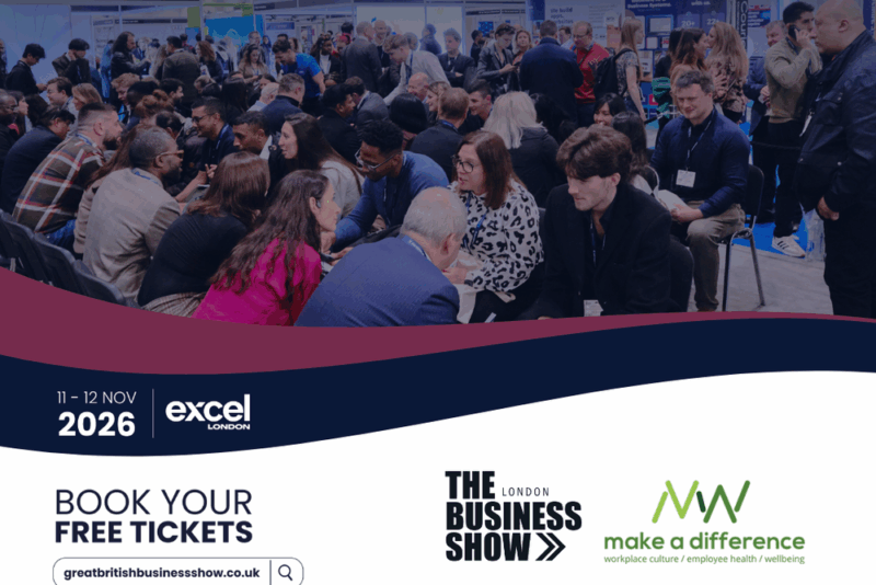 Visitors networking and exploring exhibitor stands at The Business Show London 2026.