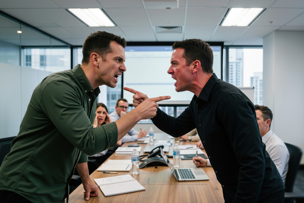 Two senior leaders openly disagreeing during a boardroom meeting