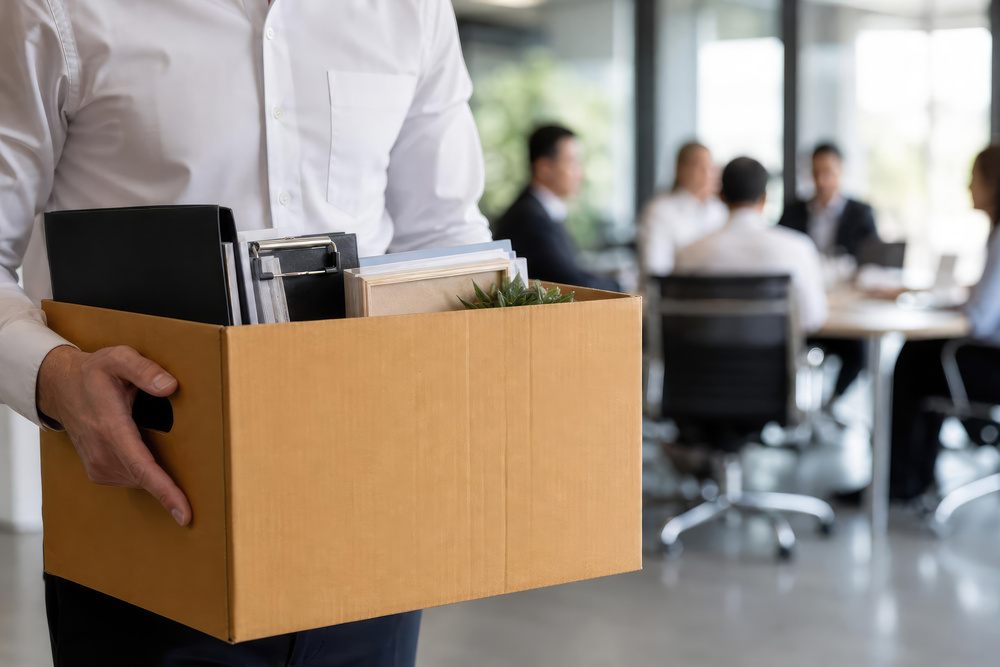 Employee holding a packed box of personal belongings in the foreground while colleagues take part in a team meeting in the background, illustrating organisational change and redundancy.