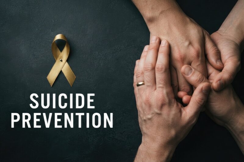 Two hands being held with a suicide prevention awareness ribbon next to them and the words “Suicide Prevention” underneath