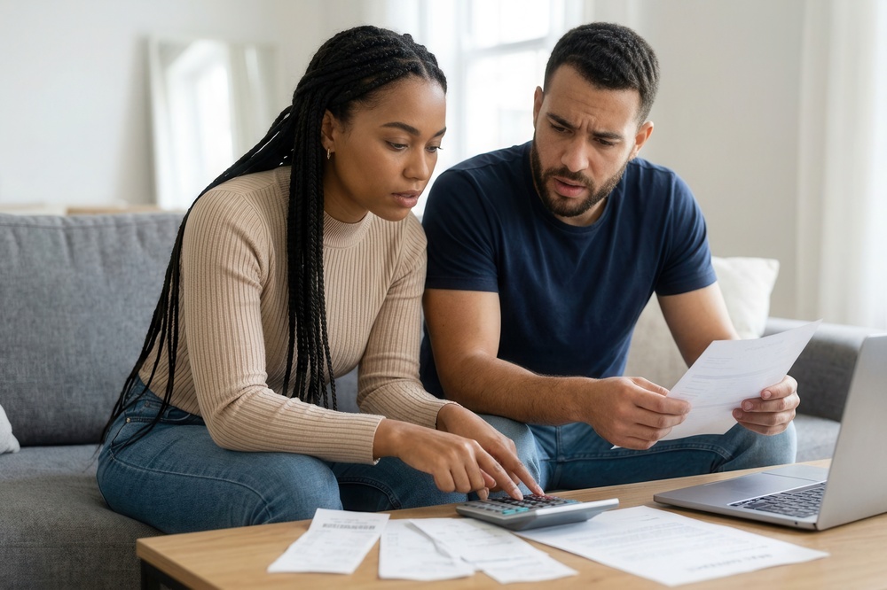 Couple reviewing household finances and mortgage paperwork at a kitchen table