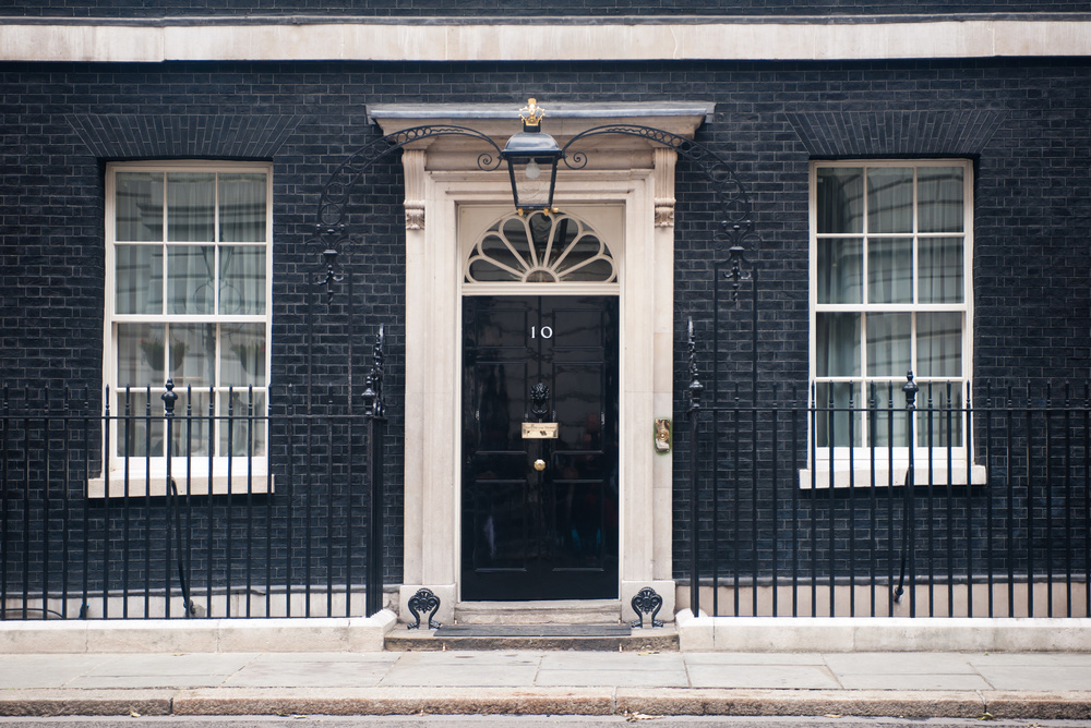 The black front door of 10 Downing Street, London, the official residence and office of the UK Prime Minister.