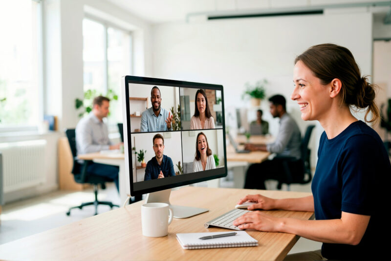 Woman sitting at a desk on in an open office with colleagues working from home joining a virtual meeting