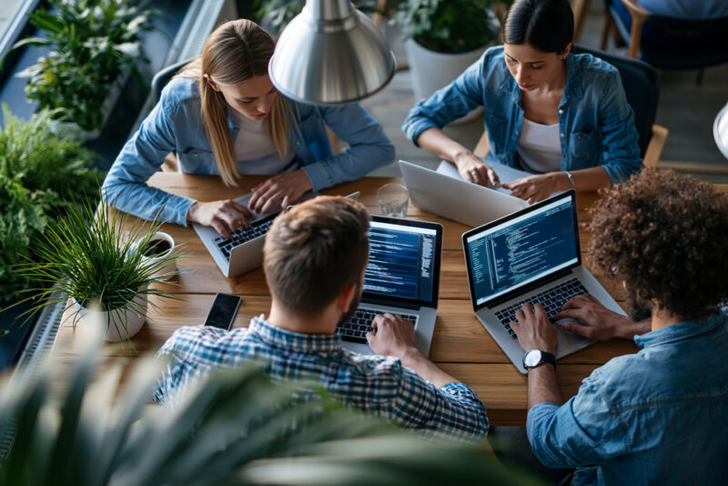Group of colleagues sitting around a table in a relaxed environment all looking at their laptop screens