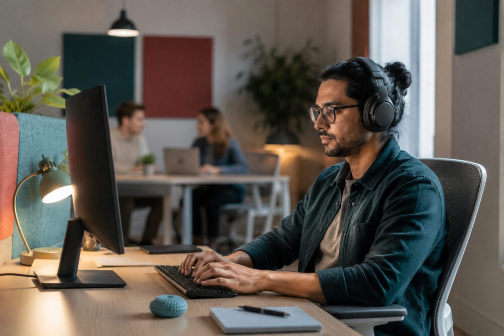 Young male working at a desk wearing headphones with colleagues in the background at a desk to illustrate a neuroinclusive work environment