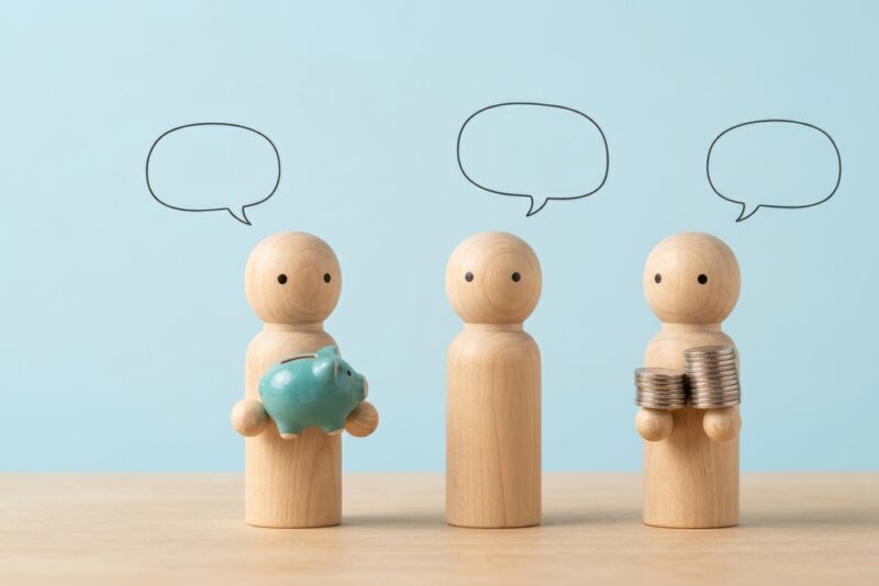 Three wooden figures representing people talking about money, with one holding coins, another holding a piggy bank, and speech bubbles above all three.